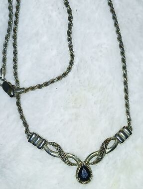 Vintage Sterling Silver Victorian Necklace With Blue Saphire Teardrop Pendant